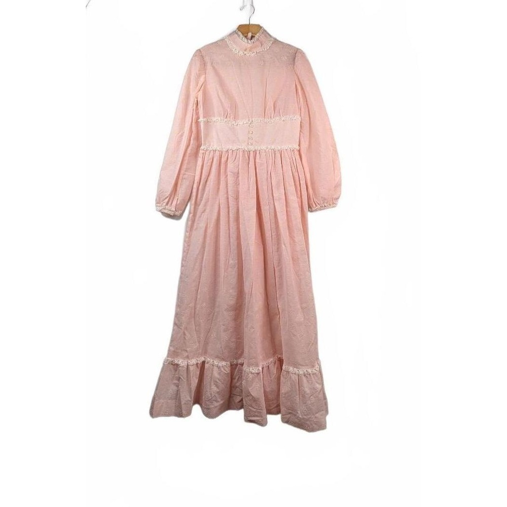 Vintage 1970's Lorrie Deb Pink floral lace trim prairie dress Size S/M  (6-8)